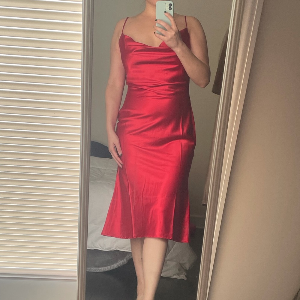 Vibrant Red Cowl Neck Midi Slip Dress